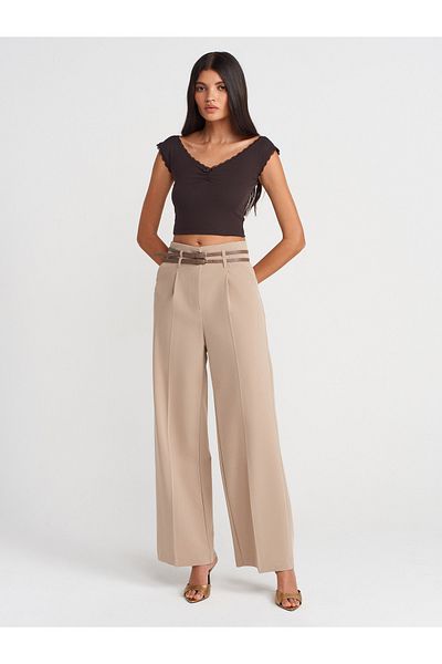 Dilvin 71617 Belted High Waist Trousers-Beige
