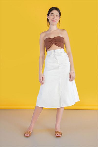 BPF Ecru High Waist Midi Jeans Skirt with Front Slit Detail