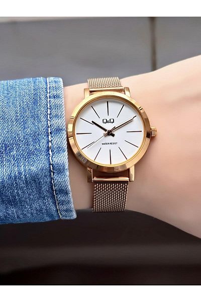 Q&Q Wicker Rose Color Cord Striped Dial Women's Wristwatch