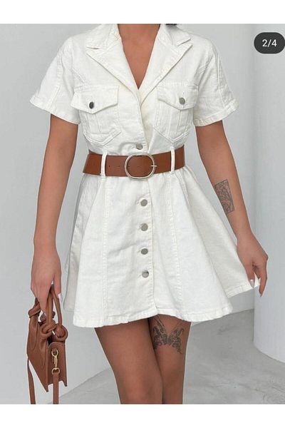 Kokoşum Butik 6043 Belted Midi Jean Dress Ecru