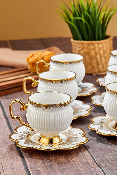 Cooker Set of 6 220 ml Porcelain Teacups with Stylish Design - Gold Gilded - Gift Option