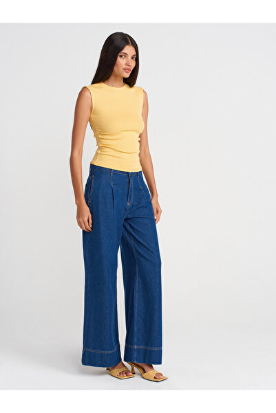 Dilvin 21054 Shirred Basic T-Shirt-Yellow