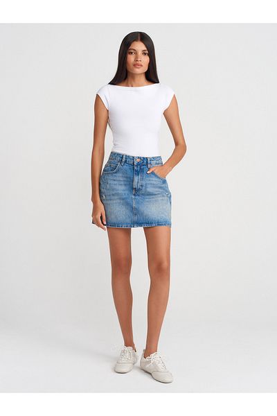 Dilvin 80582 Fusta mini din denim cu laser-nuanță