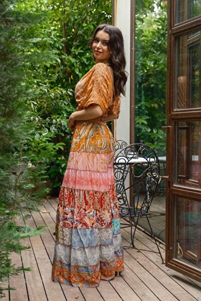 Miss Boheme Orange Bohemian Patchwork Palazzo Silk Trousers