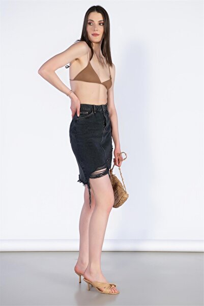 BPF Anthracite High Waist Laser Detail Mini Denim Skirt