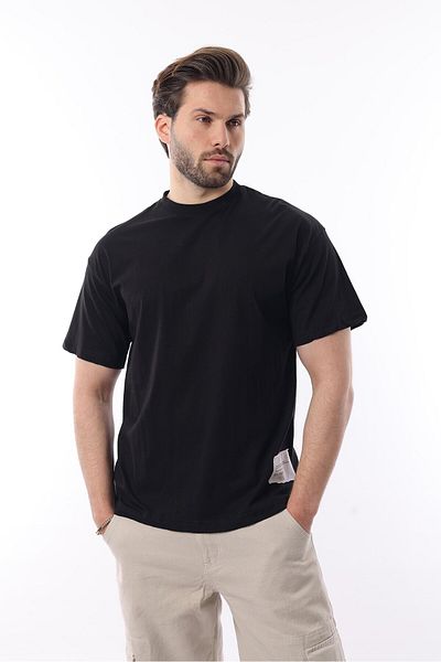 Madmext Μαύρο T-Shirt με λαιμόκοψη από βαμβακερό κορδόνι με λεπτομέρειες 7019