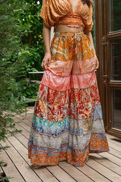 Miss Boheme Orange Bohemian Patchwork Palazzo Silk Trousers