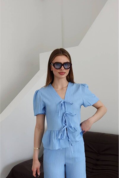 VESS MODA Γυναικείο Σετ Μπλούζα με Λεπτομέρεια Παντελόνι Διπλό Κάτω Τοπ