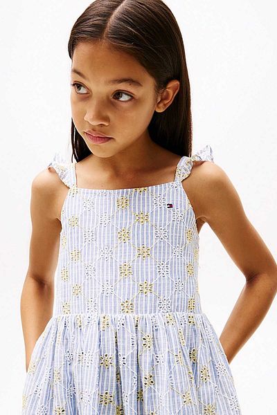 Tommy Hilfiger Girl's Stripe Broderie Anglaise Sleeveless Dress - Blue