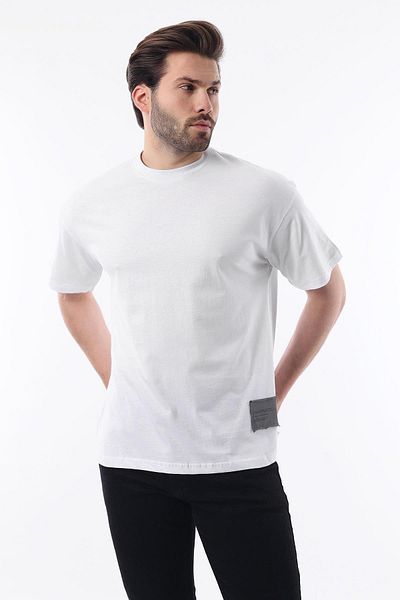 Madmext White Crew Neck Cotton Overfit T-Shirt with Rigging Detail 7019