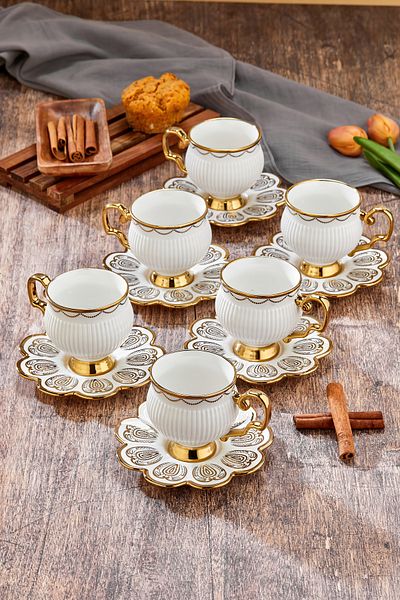 Cooker Set of 6 220 ml Porcelain Teacups with Stylish Design - Gold Gilded - Gift Option
