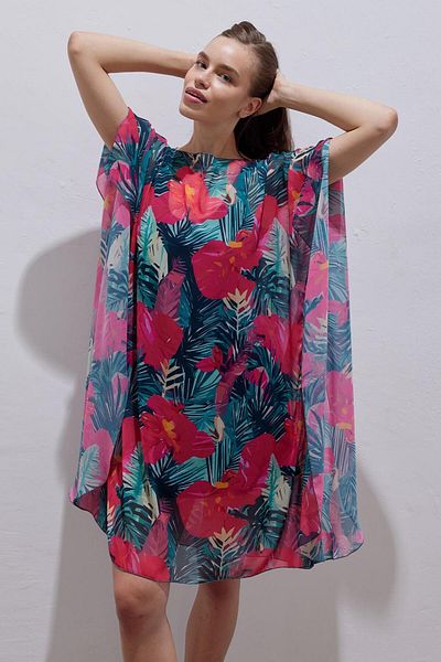 KADRİYE BAŞTÜRK Fuchsia Short Hijab Pareo Dress - Tropical