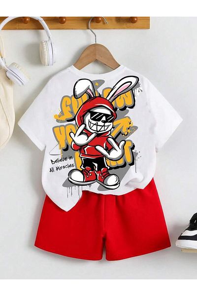 vinraus Girl\Boy White-Red Cool Rabbit Back Printed Combed Cotton Shorts-Tshirt Set