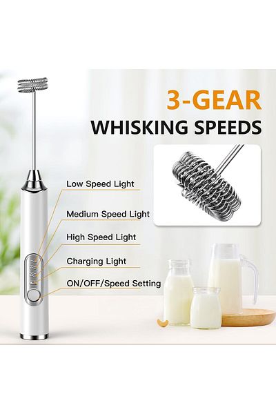 COOYA Rechargeable Milk Frother Handheld, with 2 Replaceable Stainless whisks, 3 Speeds, for Cappuccino