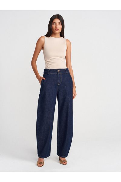 Dilvin 71977 Balloon Denim Trousers with Side Pockets-Navy Blue