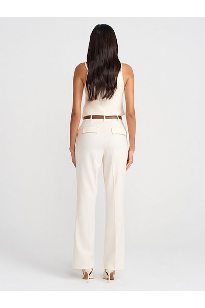 Dilvin 71656 Belted Straight Fit Trousers-Ecru