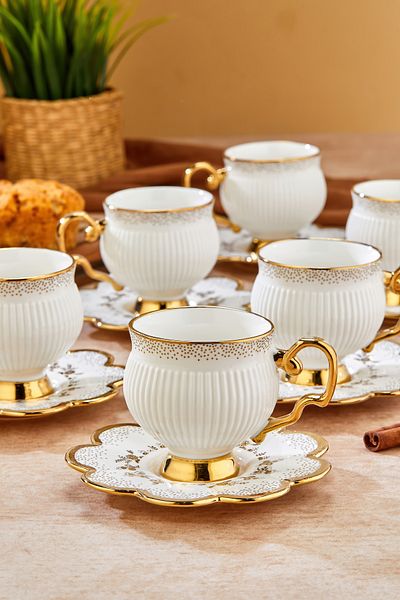 Cooker Set of 6 220 ml Porcelain Teacups with Stylish Design - Gold Gilded - Gift Option