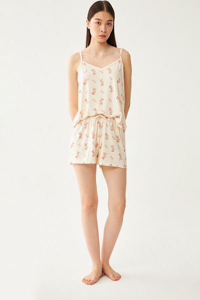 Ecrou Women's Beige Strappy Cute Teddy Bear Shorts Pajama Set