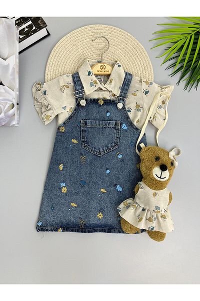 mislina kids Fiorie Girl's Gilet Suit |   Floral Patterned Shirt + Denim Dress + Teddy Bear Bag (2-5 Years)