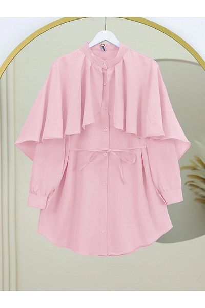 Modamorfo Poplin Shirt with Stand Collar Cape Detail - Powder