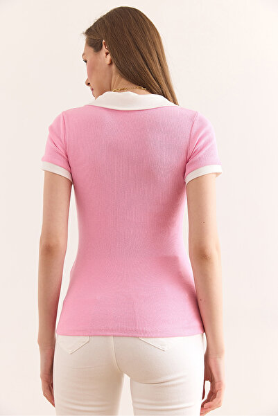 Olalook Λεπτομερής ελαστική βαμβακερή μπλούζα με λαιμόκοψη πόλο