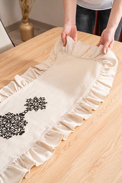 Rayda Home Natural Cotton Linen Frilly, Black Embroidered 40*110 cm Runner