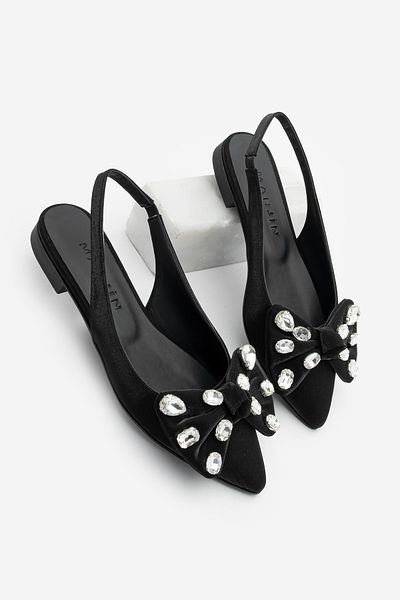 Marjin Damen-Ballerinas mit spitzer Zehenpartie und Schleife, detailliertem Stein, Slingback-Ballerina, Lispen, schwarzer Satin