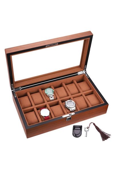PUFO Wooden Box For Storing And Organizing 12 Watches, Elite Edition Model, With Key, Brown