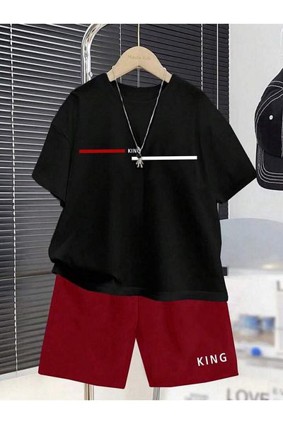 vinraus Girl\Boy Black-Red King Printed Combed Cotton Shorts-Tshirt Set
