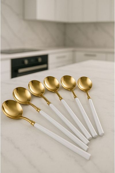 AYGÖREN HOME 6 piece white detailed gold dinner spoon set |   6-piece luxury dinner spoon set