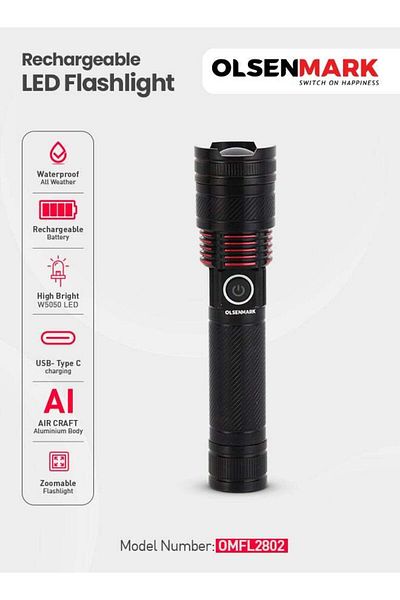 Olsenmark 3 In 1 Rechargeable Led Flashlight With Long Distance Coverage/aluminum Housing