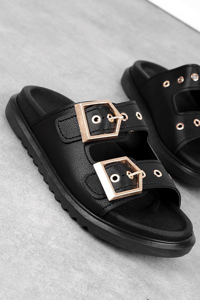 Lal Shoes & Bags Дамски чехли с катарама за колан, по-леки и детайлни - черни