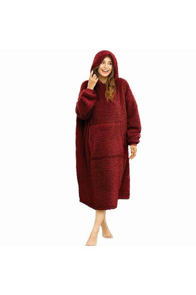OEM Blanket with sleeves, type Hoodie with hood and pocket, Flannel 250g/sqm, 135 cm, Red, with elastic cuffs