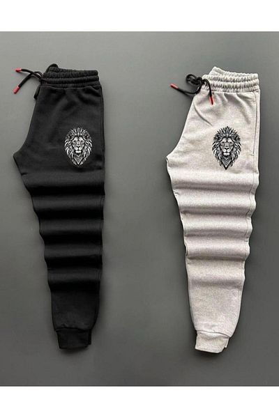 woonkey Unisex Printed Combed Cotton Track Pants Black and Gray Set of 2 New Season
