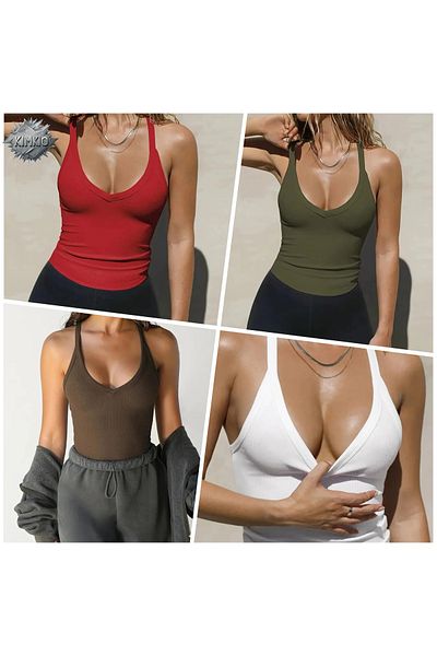 KİM Kİ O Women's Sexy V-Neck Knit Tank Top Solid Color Slim Fit Brd Byz Kahv Khaki Set of 4 Multix