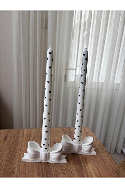 flame candle 4 Parça, Fiyonk Şamdanlık Ve Siyah Kalpli Şamdan Mumu , Amber Kokulu Mum