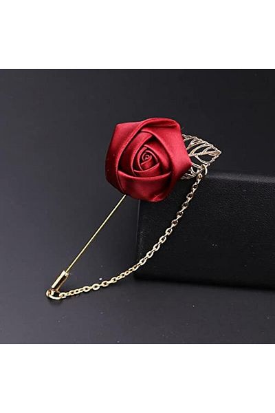 fulina Men's handmade gold foil brooch with red rose flower and metal chain,for suits and weddings