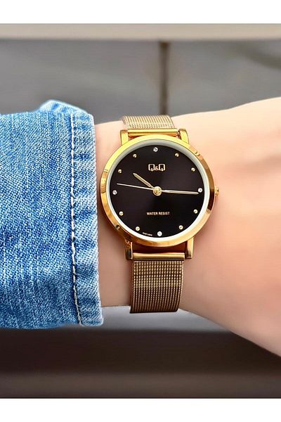 Q&Q Wicker Cord Gold Color Stone Dial Women's Wristwatch