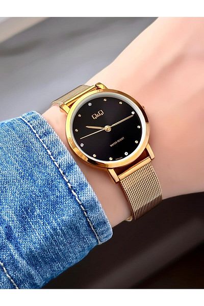 Q&Q Wicker Cord Gold Color Stone Dial Women's Wristwatch