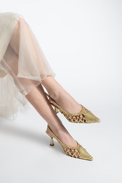 Marjin Damen-Stiletto-Schuhe – spitze Zehen, handgestrickte Slingback-Absätze, Elvina Gold