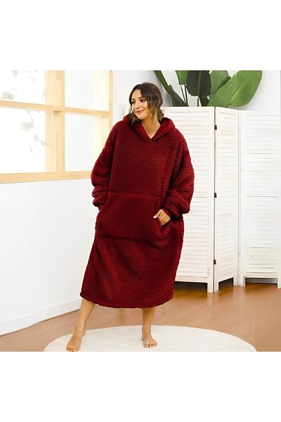 OEM Blanket with sleeves, type Hoodie with hood and pocket, Flannel 250g/sqm, 135 cm, Red, with elastic cuffs