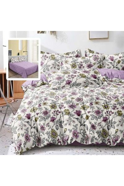 Pucioasa Double bed linen made of satin finet, duvet cover 200x220cm, 6-piece set, purple flowers