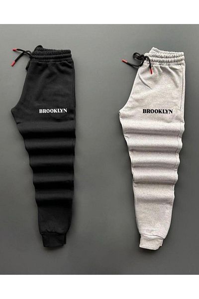 woonkey Unisex Printed Combed Cotton Track Pants Black and Gray Set of 2 New Season