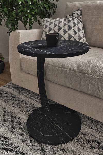 interGO C-shaped Round End Table With Rolling Wheels - Black Marble