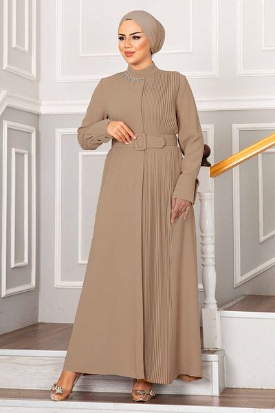 EBRUTESETTÜR Pleated Hijab Dress with Stones on the Collar