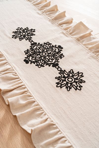 Rayda Home Natural Cotton Linen Frilly, Black Embroidered 40*110 cm Runner