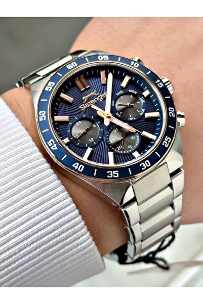 Slazenger Silver-Navy Blue Color 10 Atm Waterproofness Steel Cord Steel Case Men Wrist Watch 2510.03