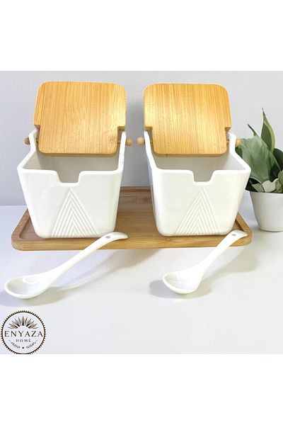 ENYAZA(2024) Bamboo Lid Porcelain Spoon 2-Piece Salt Shaker Pepper Shaker with Bamboo Stand 300 Ml(Cmr)