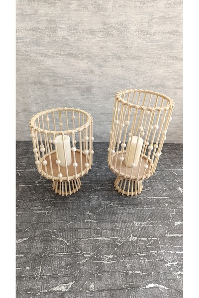 Sorgun Kadın Kooperatifi Dekoratif Ahşap Boncuklu Bohem Bambu Fener Set (28 C...