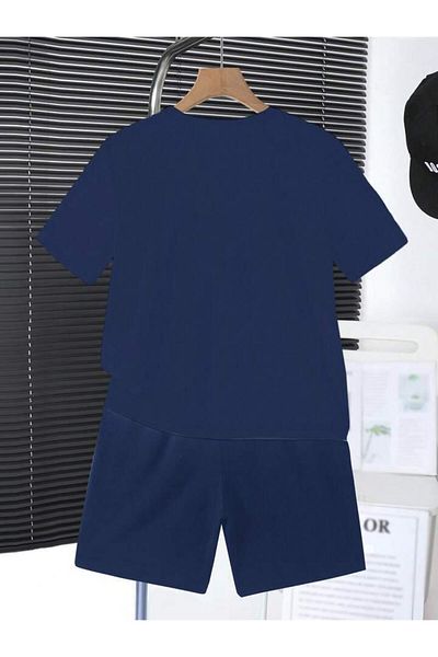 vinraus Girl\Boy Navy Blue Paris Printed Combed Cotton Shorts-Tshirt Set